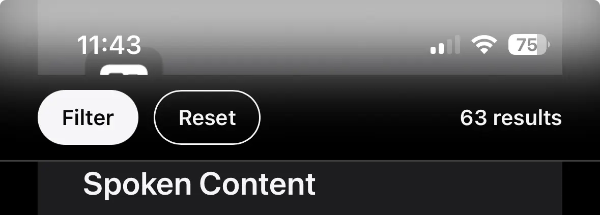 Screenshot of iOS 26 Safari showing apple.com. There's a Filter/Reset bar on the top of the page, which makes the status bar get a white gradient background.