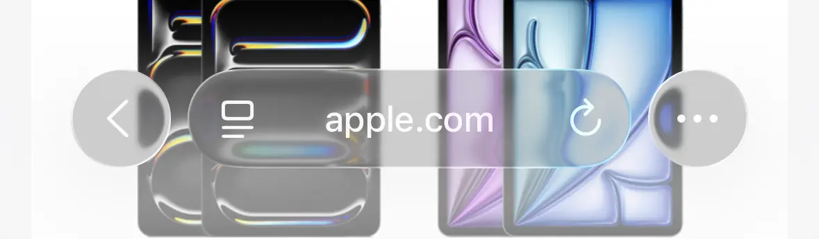 Screenshot of iOS 26 Safari showing apple.com using two pictures of iPads on dark and light mode. The text and icons in the address bar are barely readable.